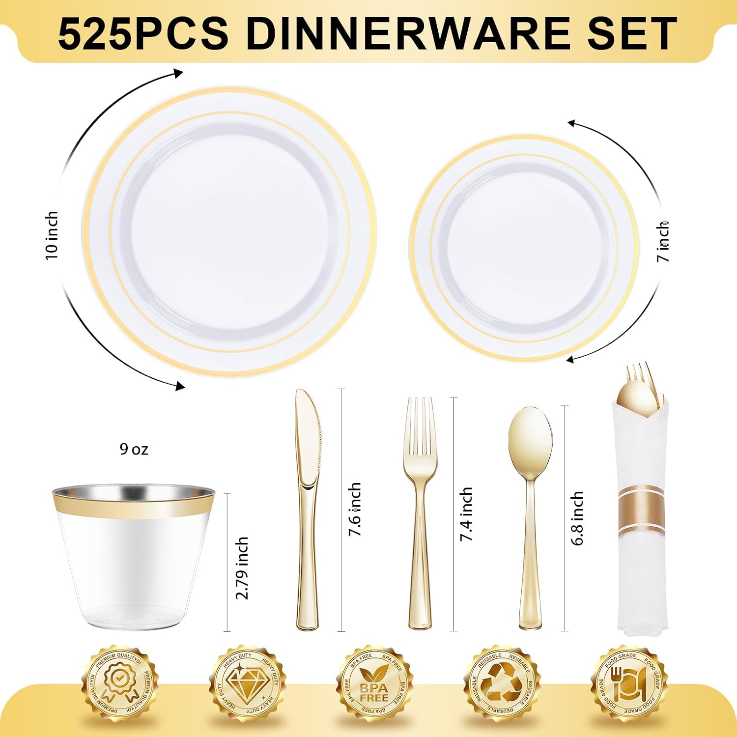 Detalle 2 de BESTVIP 525-Piece Gold Plastic Dinnerware Set for 75 Guests