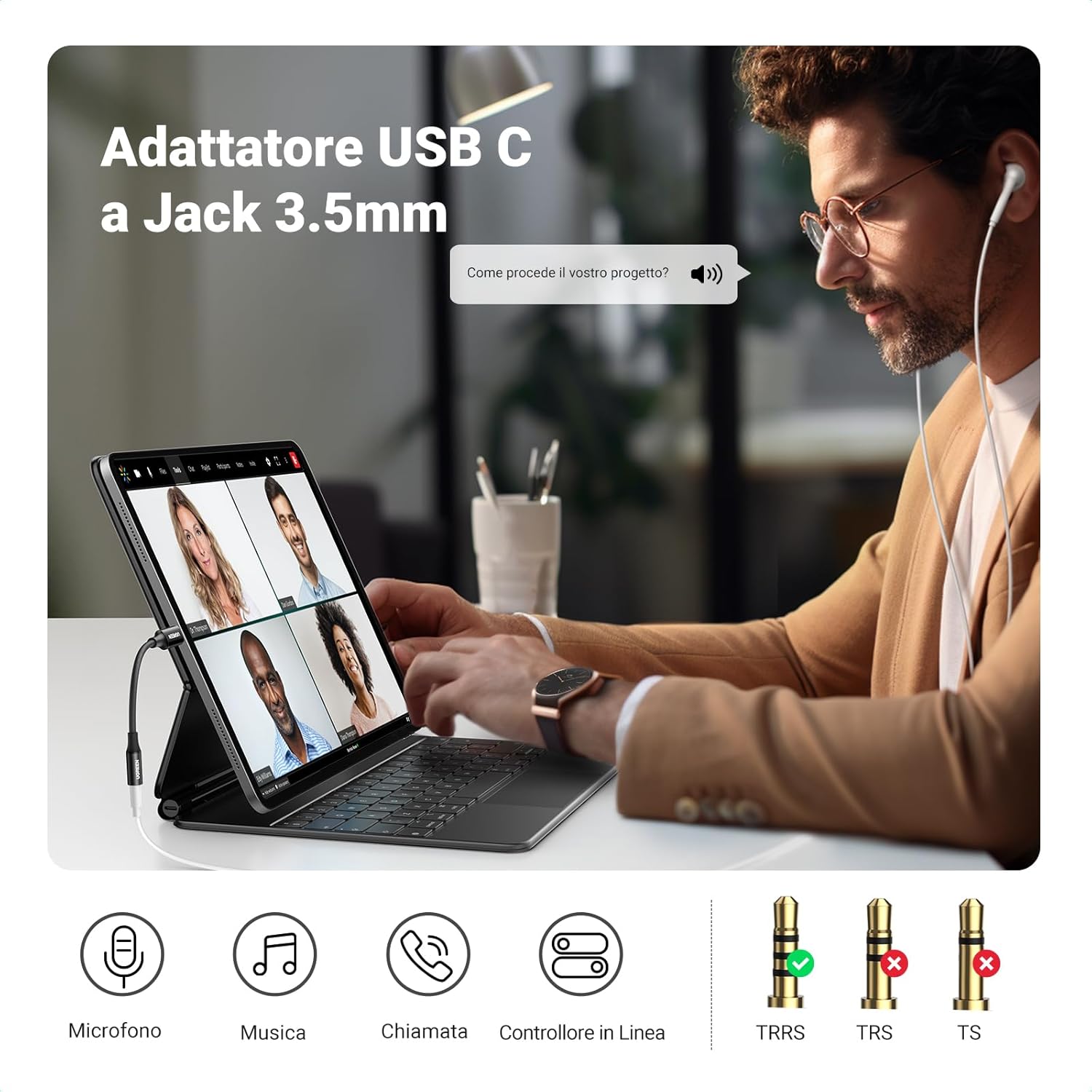Detalle 2 de UGREEN Adattatore USB C a Jack 3.5mm con DAC integrato –Compatibile con iPhone 17, Galaxy S25, MacBook Pro 2024 e altro