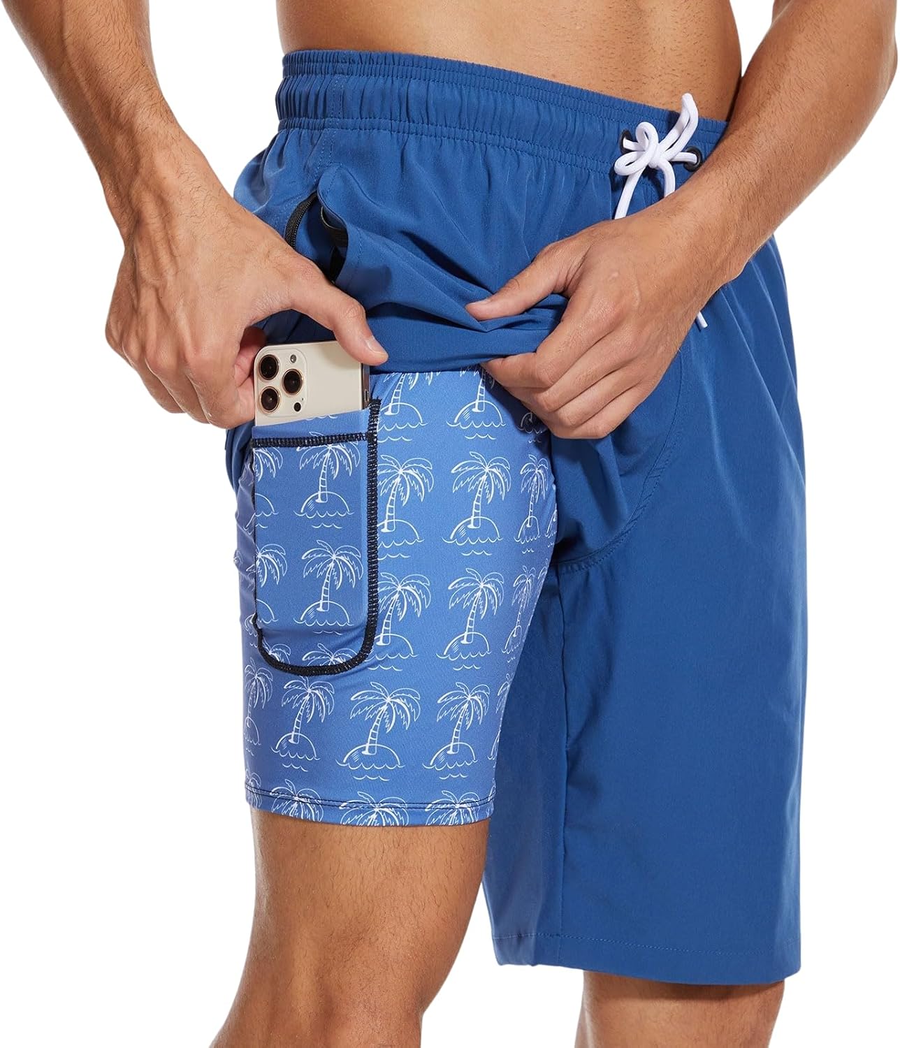 Detalle de Arcweg Men's Long Length Swim Shorts with 2-in-1 Design and Zip Pockets