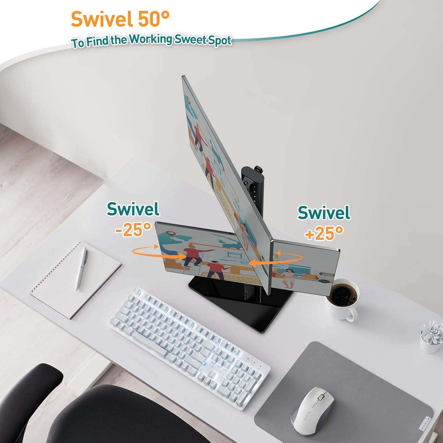Thumbnail 3 de ELIVED Supporto doppio per monitor da scrivania – braccio verticale 13–32" con VESA 75x75/100x100 mm, 360°, fino a 15 kg per braccio