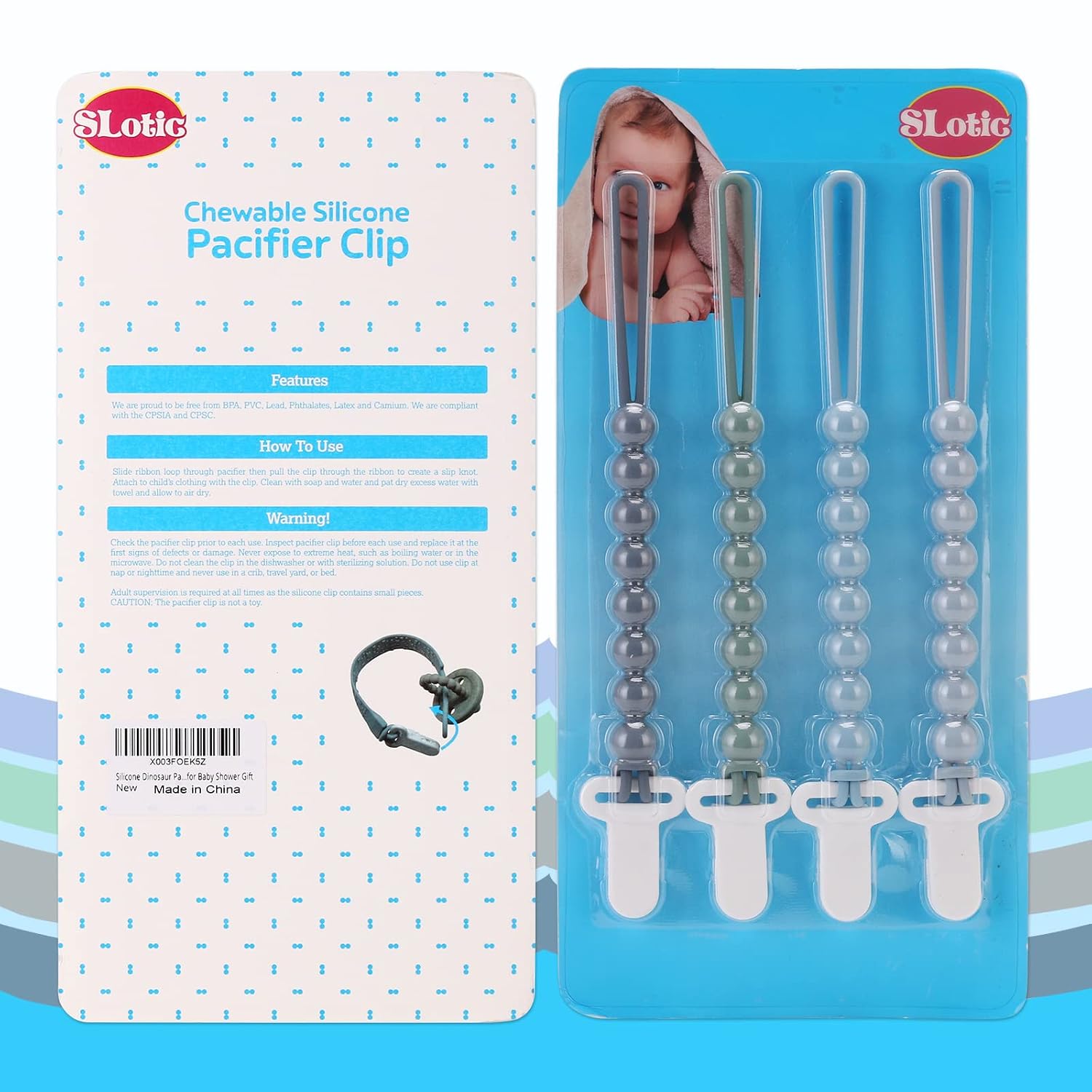 Detalle 2 de Slotic B007A1 Silicone Pacifier Clips, 4-Pack with One-Piece Beads, Gray