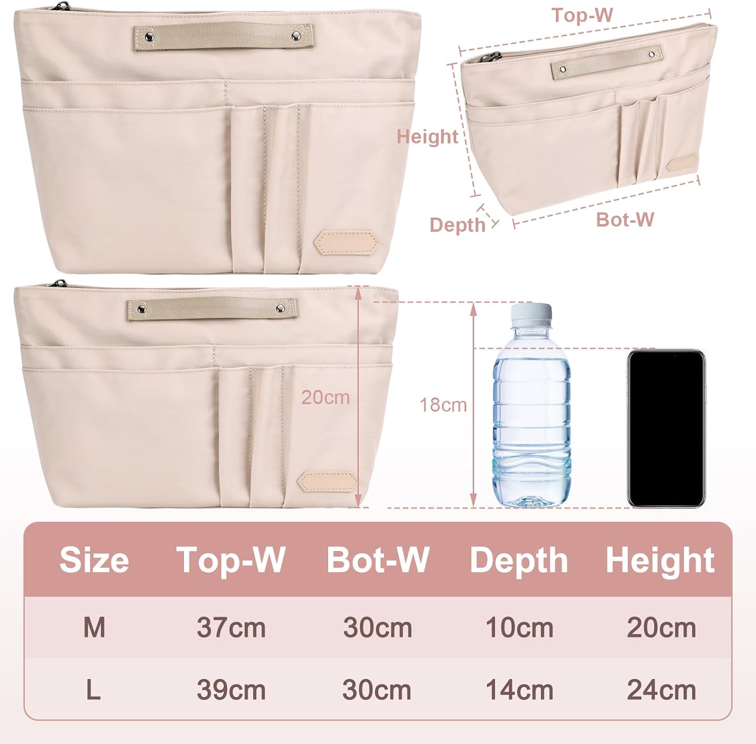 Detalle de Taschen Organizer für Longchamp Le Pliage L – Polyester, wasserdicht, mit Schlüsselbund und 15 Fächern (Beige, groß)