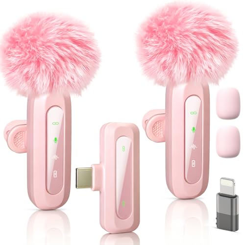 Detalle de Uewpv Micrófono Lavalier Rosa para iPhone y USB-C con Pantalla LED y Clip Giratorio