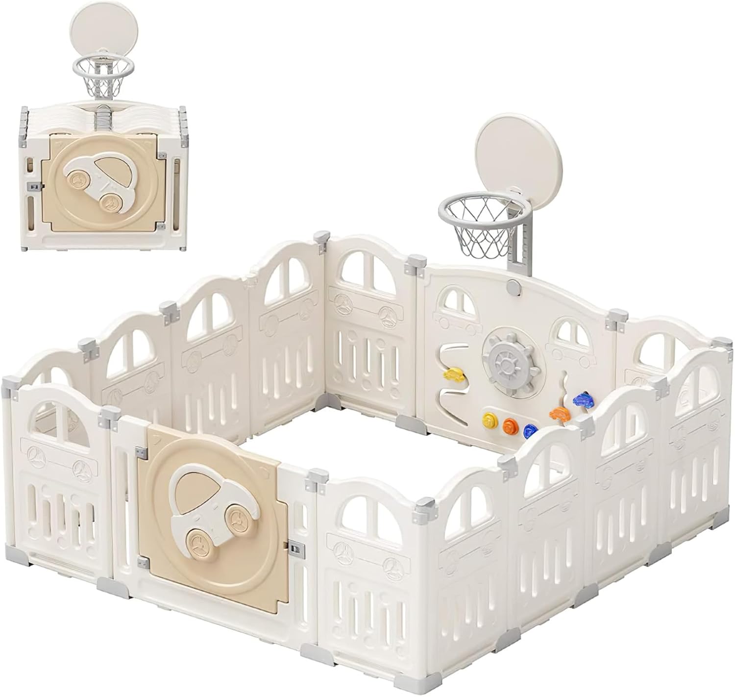 Detalle de UBRAVOO EDP001 opvouwbare babybox, 14 panelen, 50 ballen en basketbalring