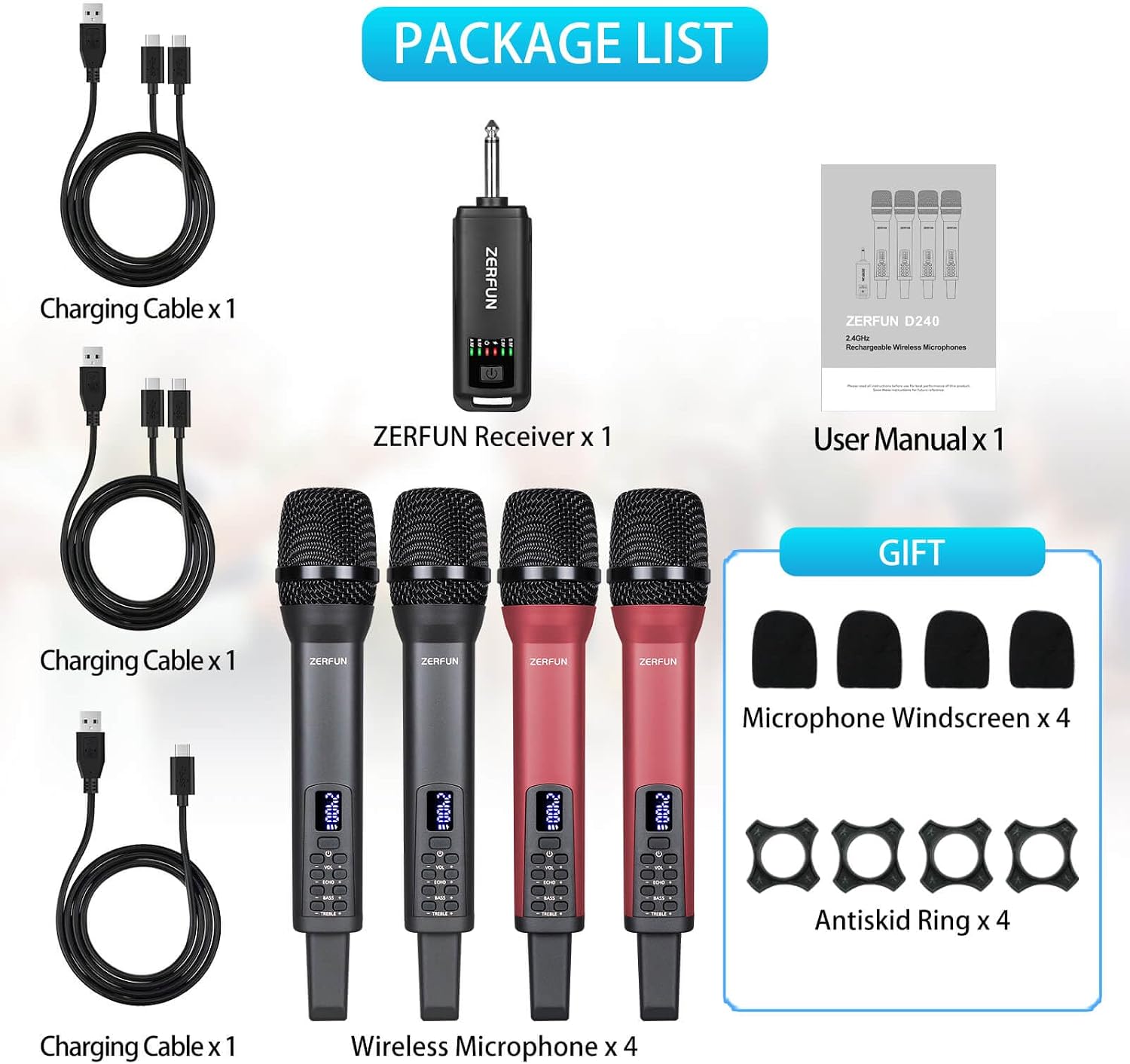 Thumbnail 6 de ZERFUN D240 4-Pack Rechargeable Wireless Microphone System, Gray & Red, 2.4 GHz