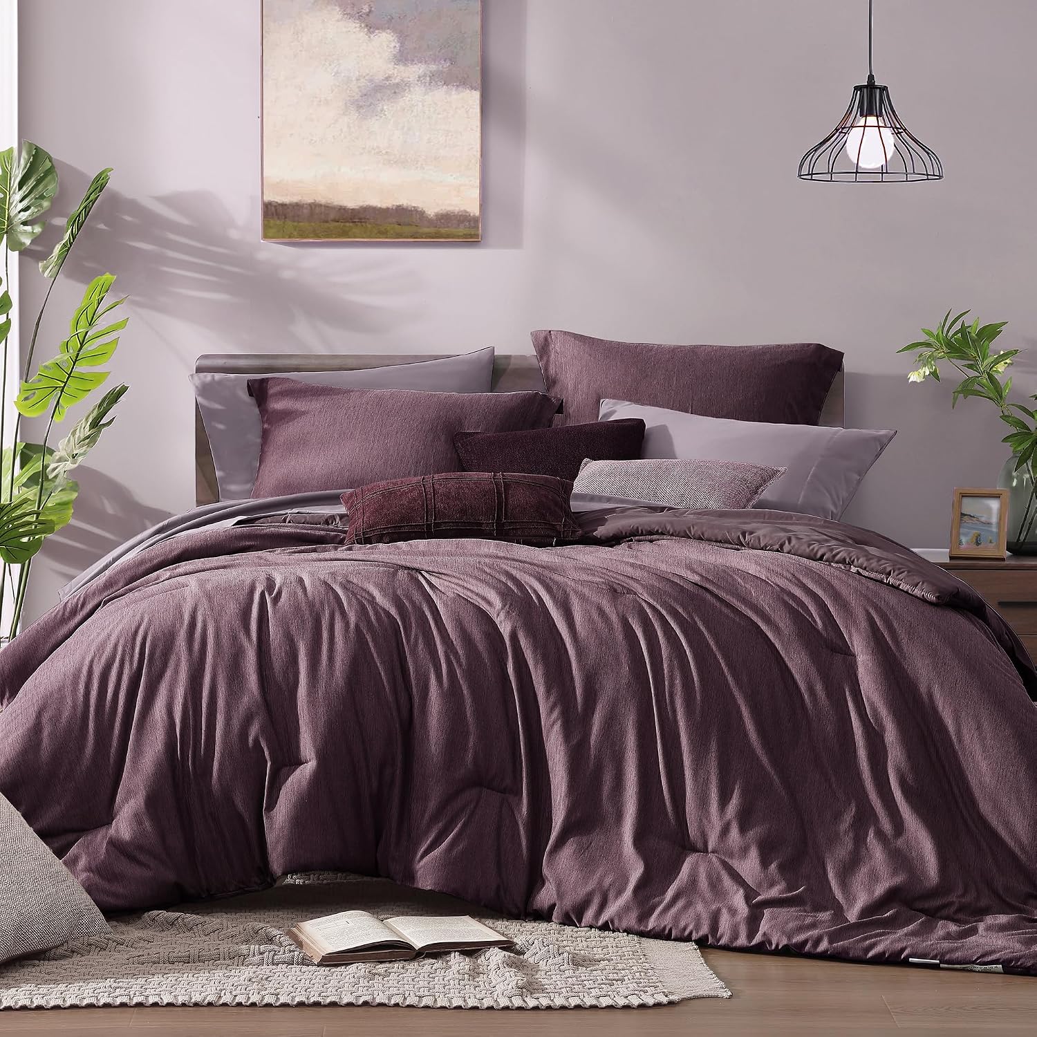 Detalle de Monbix Super King Plus Comforter Set, 7-Piece Italian Plum Bedding