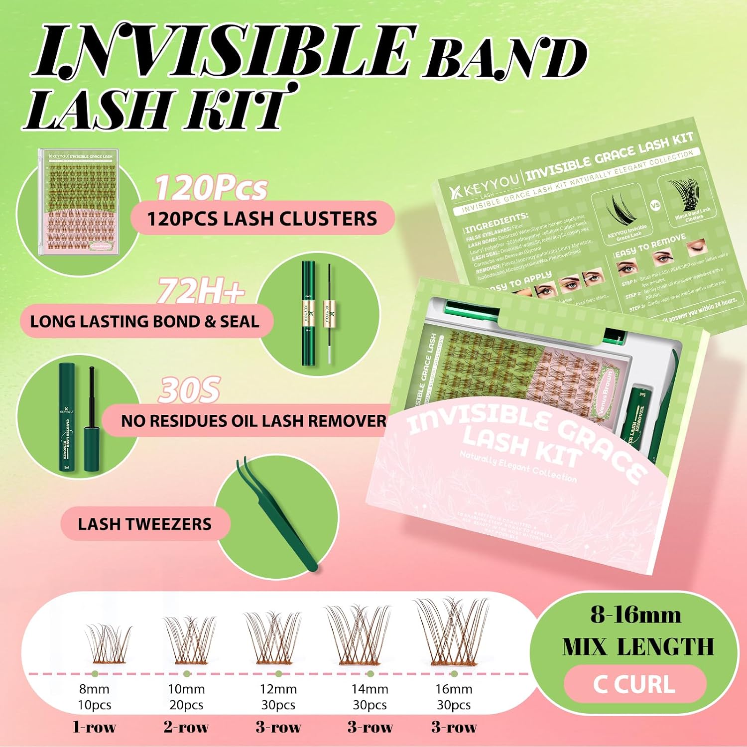 Detalle de KEYYOU Venus Brown Lash Clusters Kit: 120 Pcs of 8–16MM C Curl Wiry, Invisible Band DIY Lash Extensions at Home