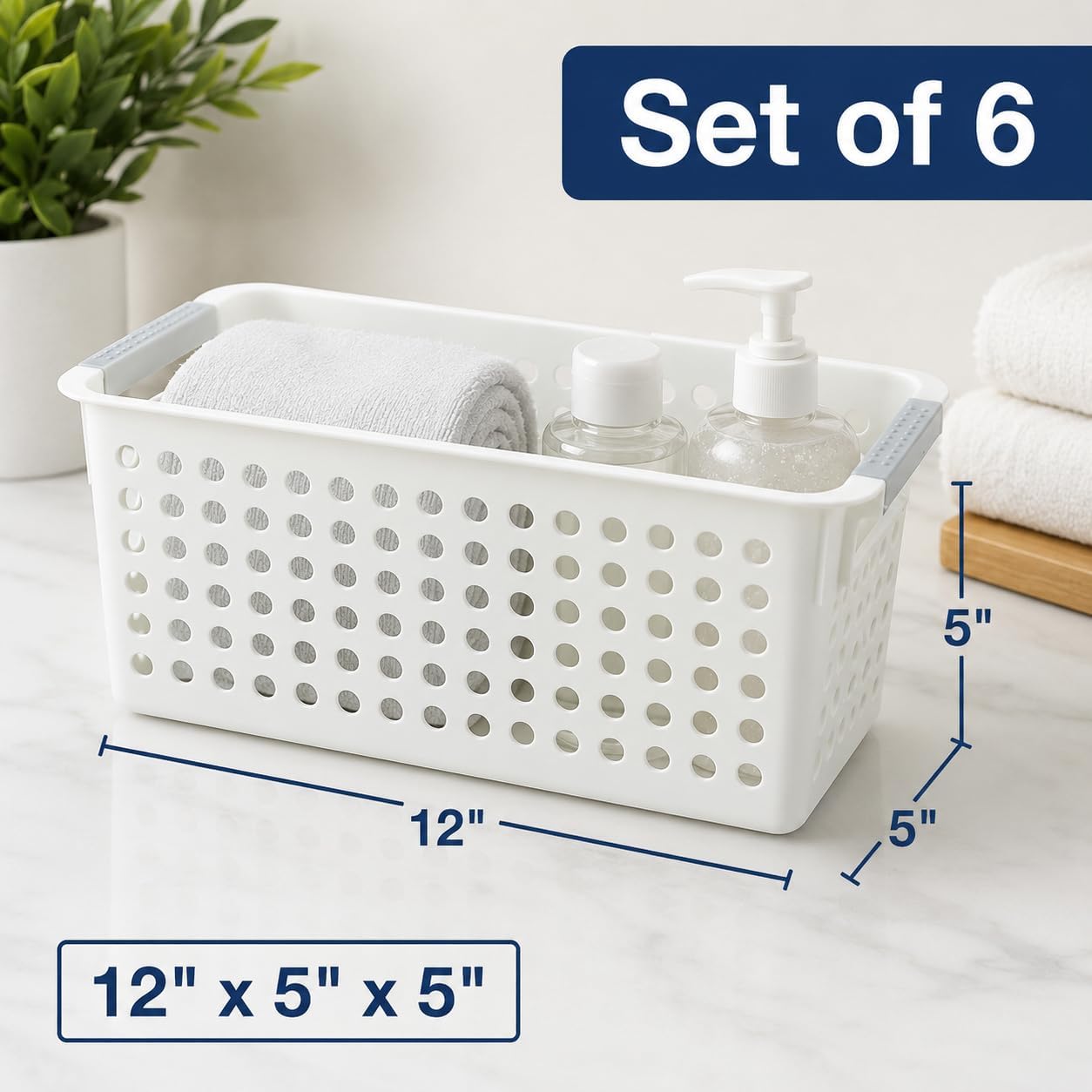 Detalle de Basicwise QI003238 Set of 6 Plastic Storage Baskets, Ivory, 12" x 5" x 5