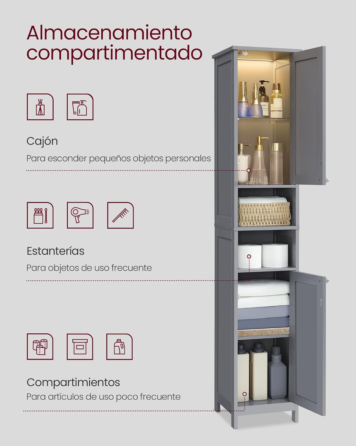 Detalle 2 de VASAGLE BBC566G03 armario alto de baño 30x30x170 cm