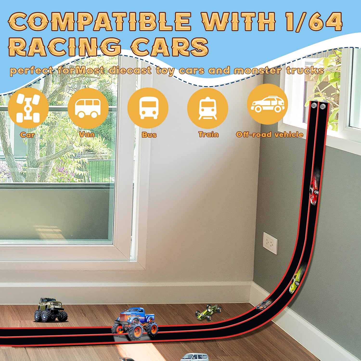 Thumbnail 2 de Flex Tracks 15 Ft Kids Starter Set: Flexible Race Track with Suction Cups (Black & Red)