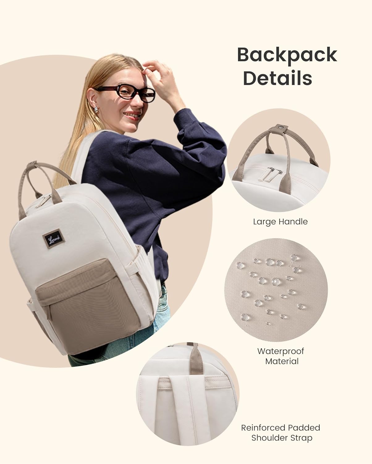 Detalle de LOVEVOOK Damen-Rucksack mit Laptopfach bis 15,6 Zoll – eleganter City-/Schulrucksack in Beige-Khaki