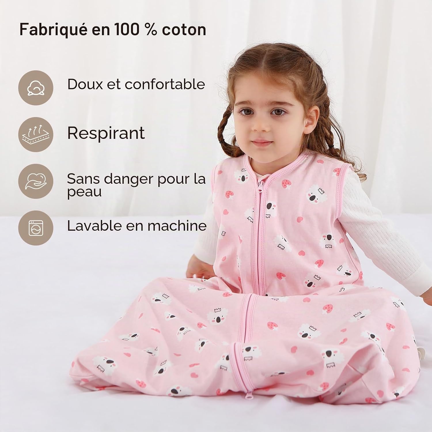 Thumbnail 4 de Yukkidds Gigoteuse Été Bébé 0.5 TOG 12-18 Mois — Lot de 2 Turbulettes 100% Coton, sans manches, unisex Baie Rose