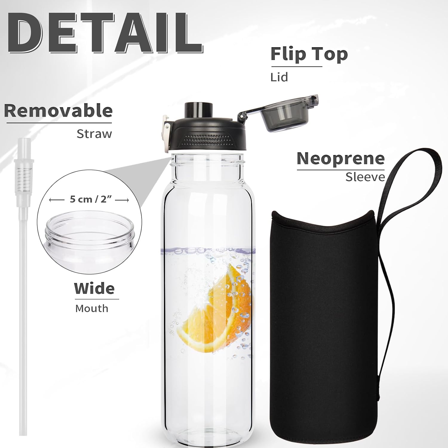Thumbnail 4 de DEARRAY 1L glass water bottle with straw and neoprene sleeve (BPA-free, leakproof)