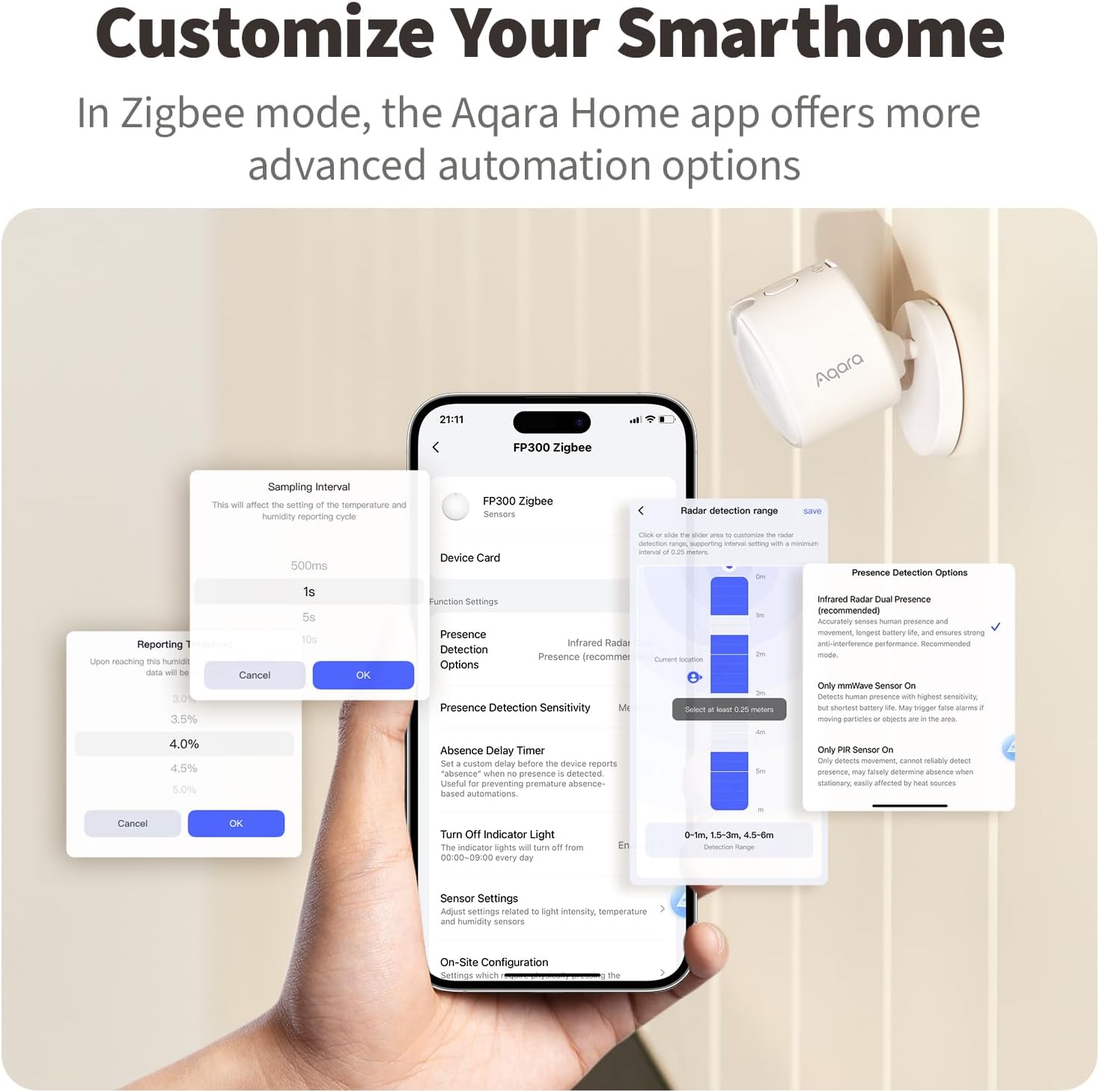 Detalle 2 de Aqara FP300 Presence Sensor — 5-in-1 Wireless Motion Sensor with mmWave, PIR, Light, Temperature & Humidity