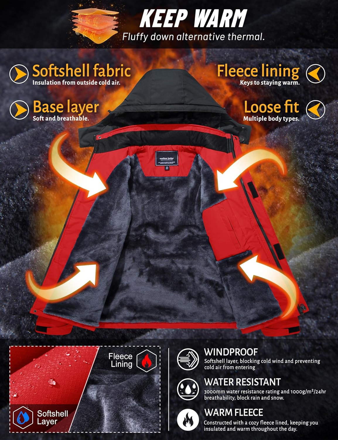 Detalle de TACVASEN Men’s Winter Skiing Jacket with Detachable Hood and Fleece Lining