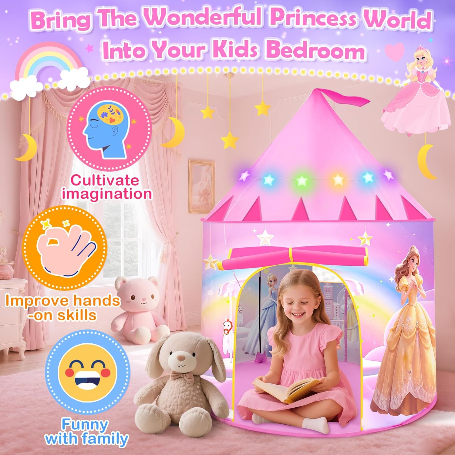 Thumbnail 2 de Princess pop up play tent for girls aged 3–7, foldable teepee with princess design and LED star light