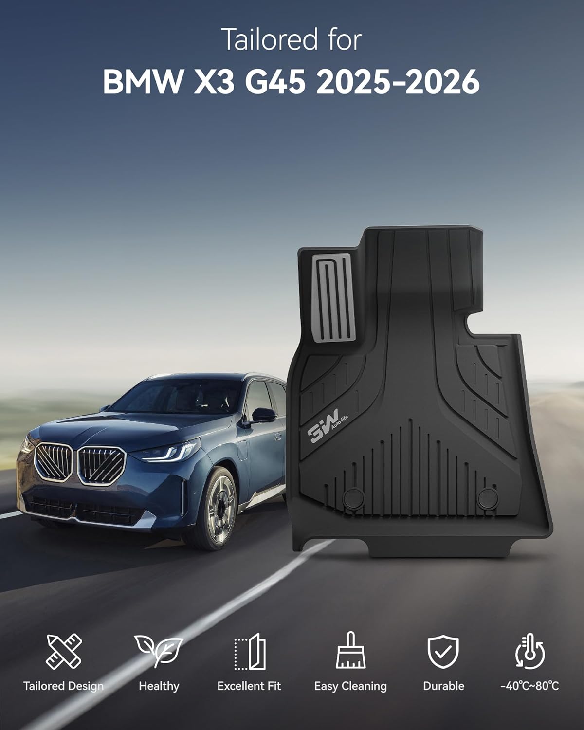 Thumbnail 2 de 3W Floor Mats & Cargo Liner Custom Set for 2025–2026 BMW X3 G45 (TPE All-Weather)