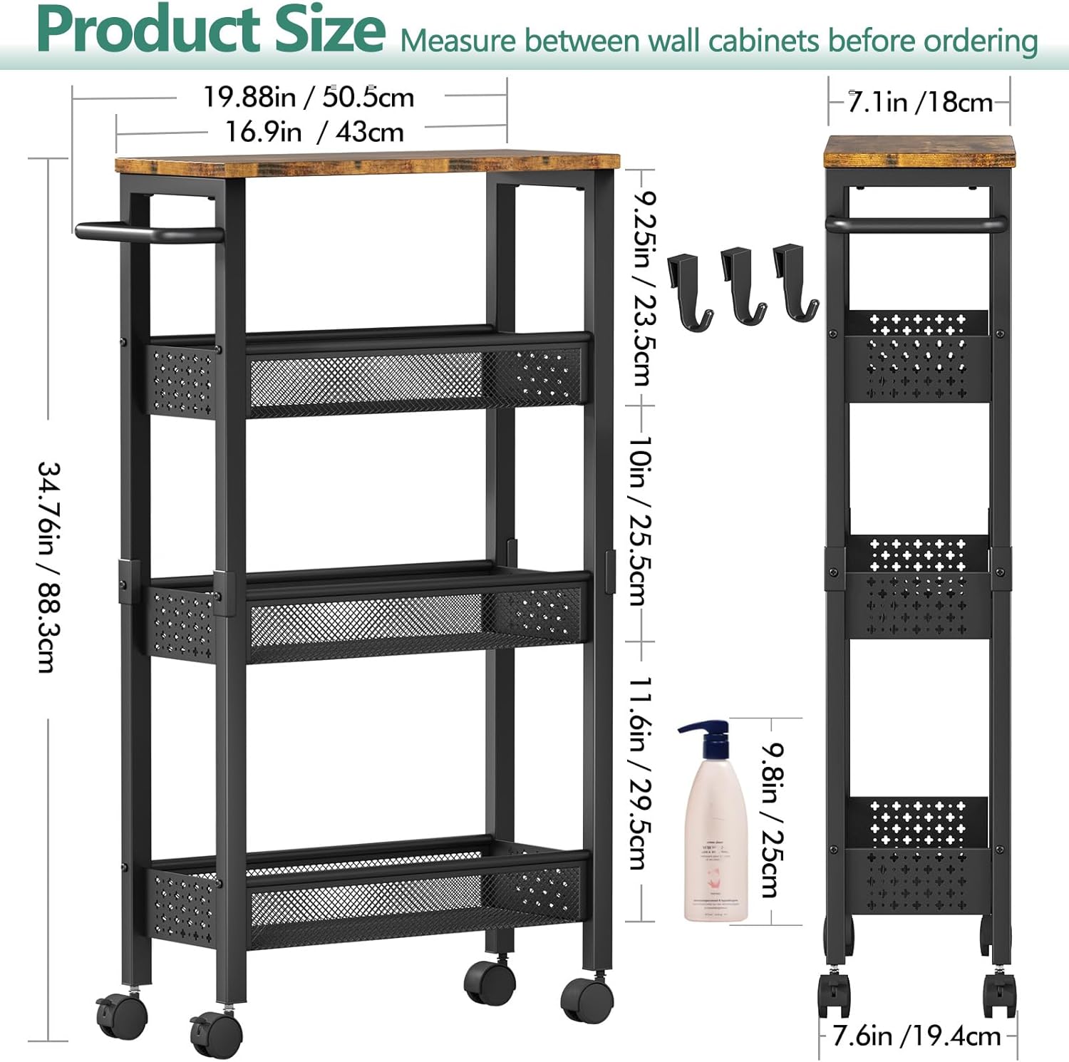 Thumbnail 4 de Vivihomety Utility Slim Storage Cart with Wood Top and Wheels