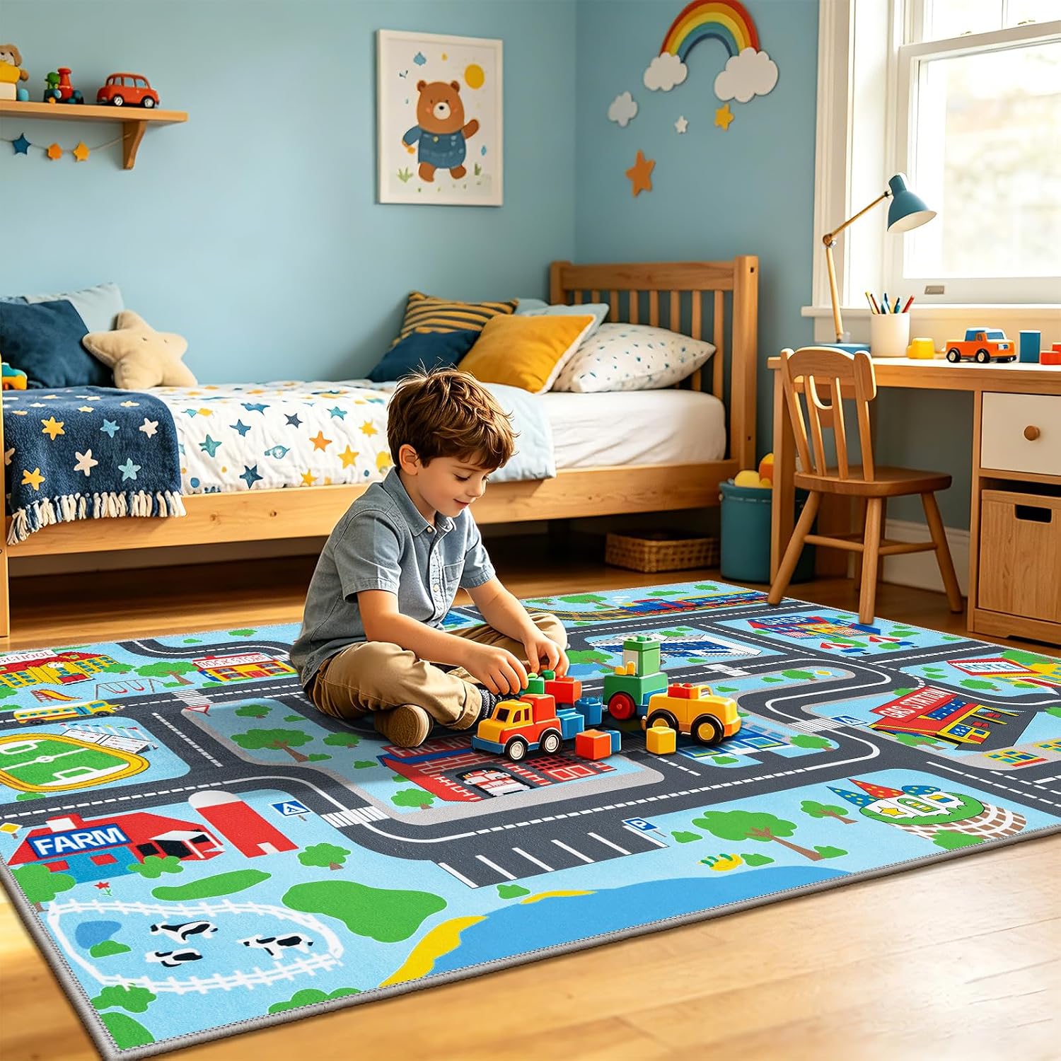 Detalle de Capslpad Kids Play Rug Town City Road Car Mat 100x160cm – Pastel Blue