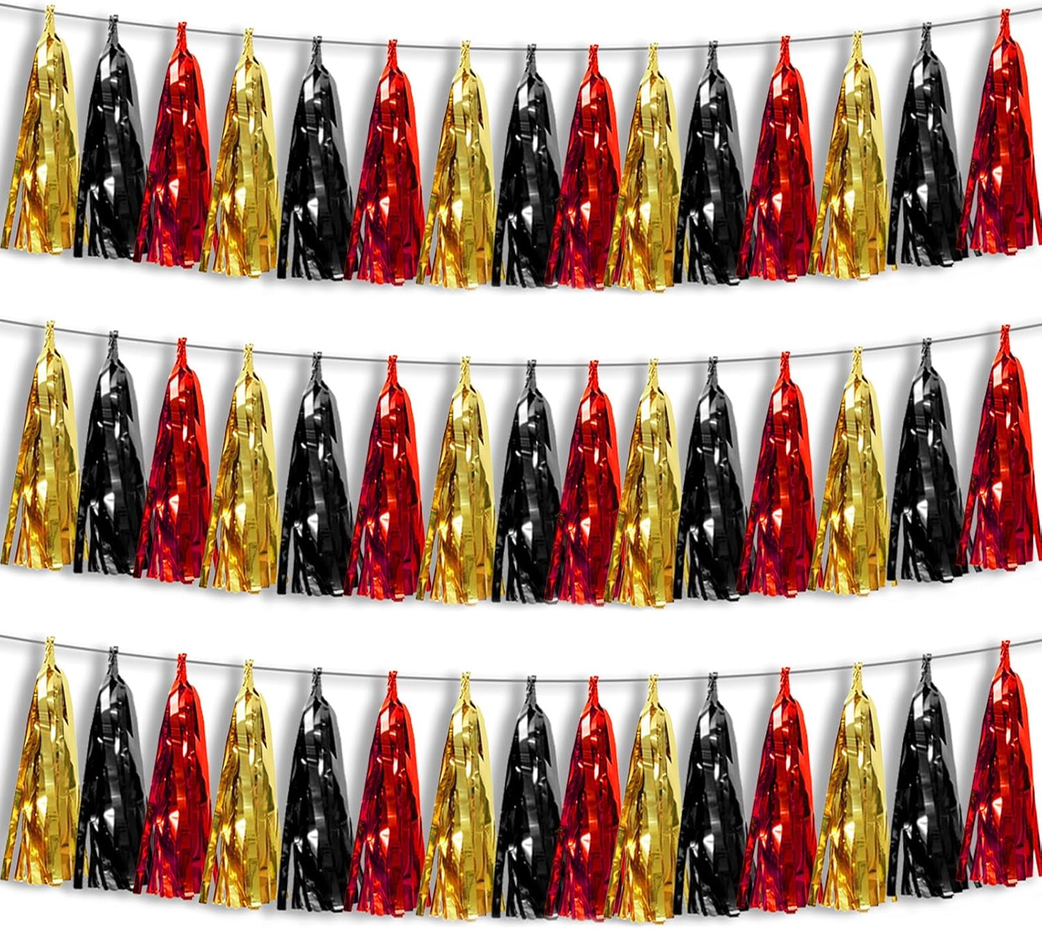 Thumbnail 6 de 3P Black Gold Silver Foil Fringe Metallic Tassel Garland (29.5 ft, Pre-strung Tassels for Parties)