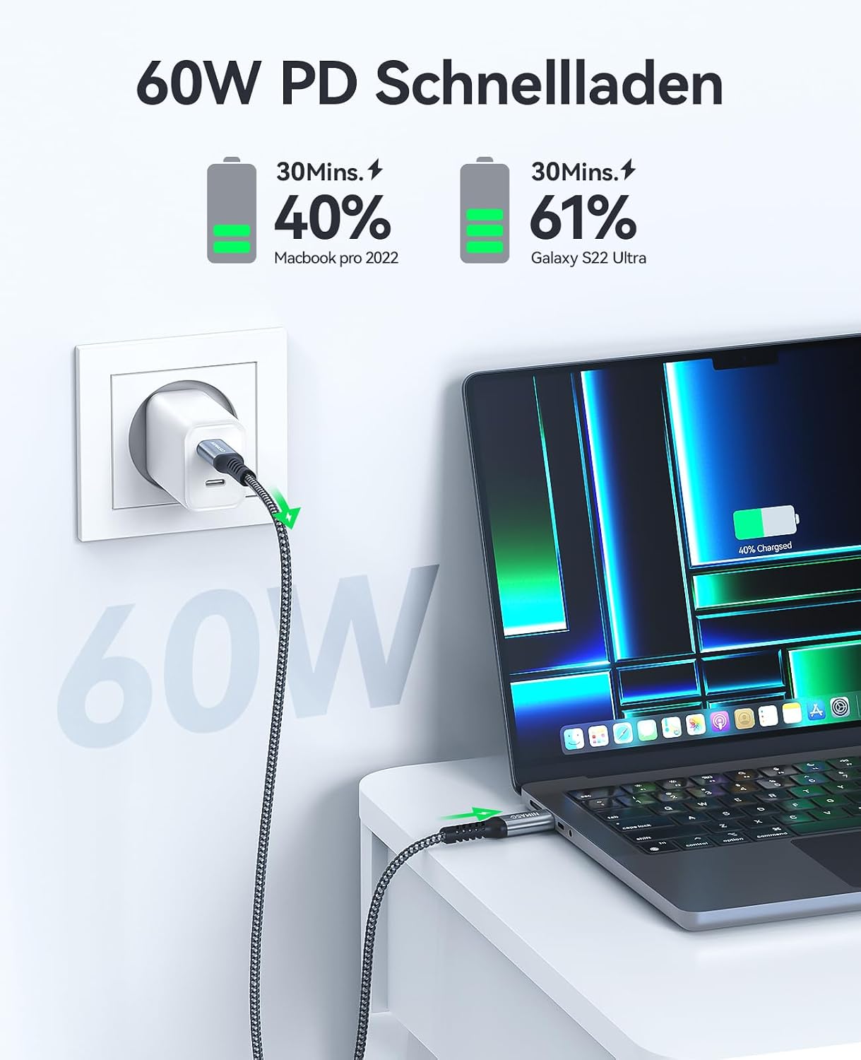 Detalle de Nimaso USB C auf USB C Kabel 1M Packung (3 Stück) – PD 60W Schnellladen & Datenübertragung