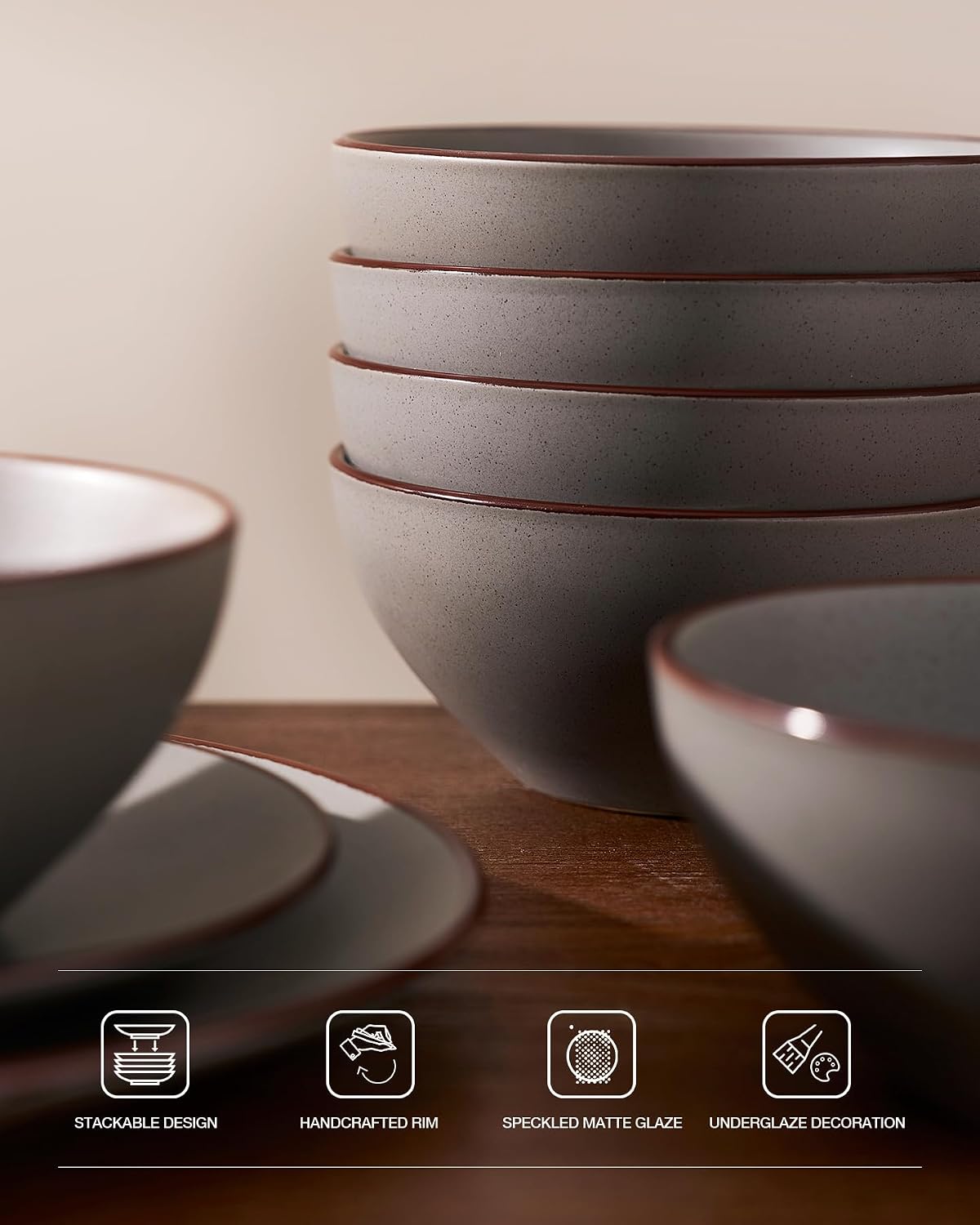 Detalle de Famiware Venus Plates and Bowls Set with Trim – 12 Pieces, Matte Dark Gray Stoneware