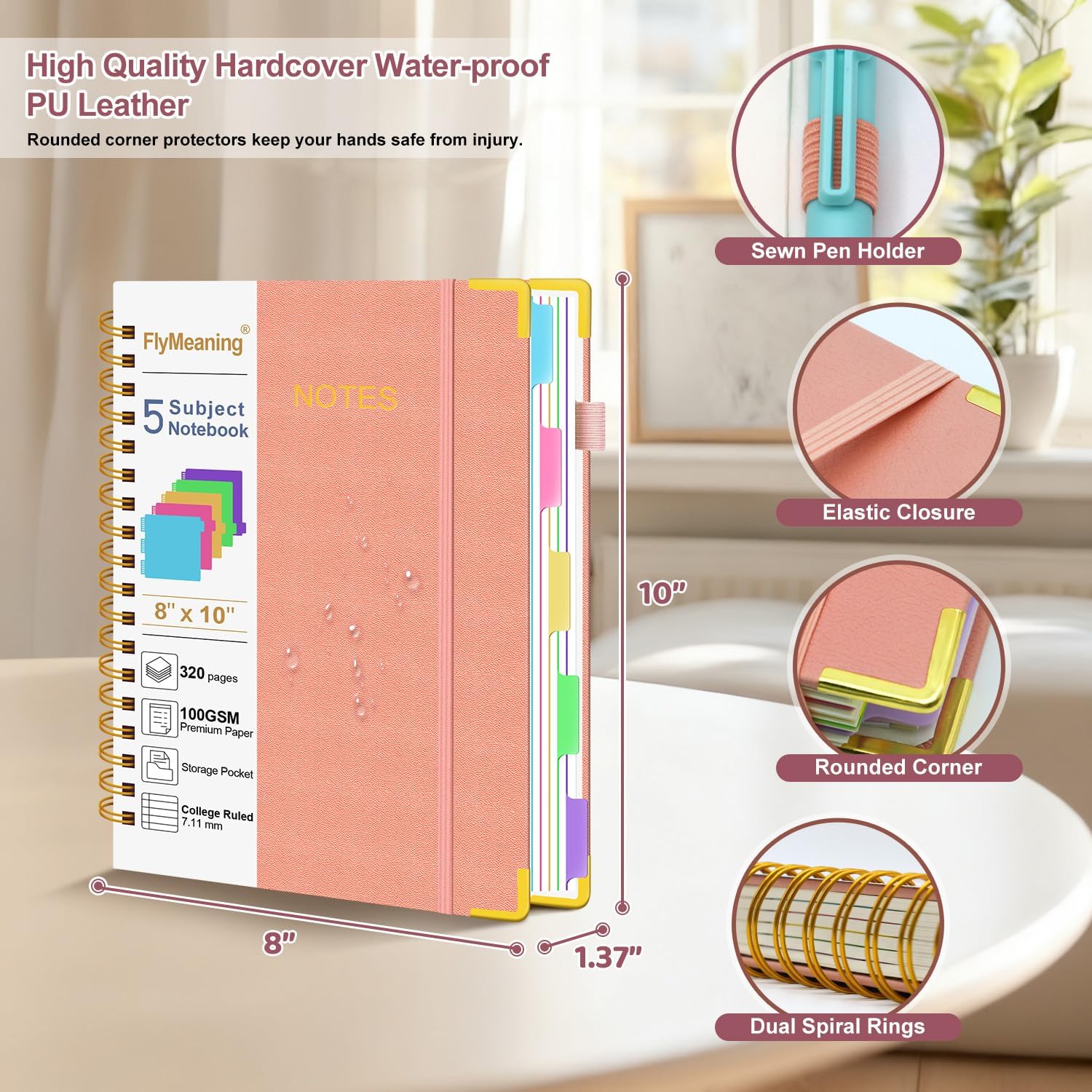 Thumbnail 2 de FlyMeaning 5-Subject Spiral Notebook, 320 Pages, Pink PU Hardcover