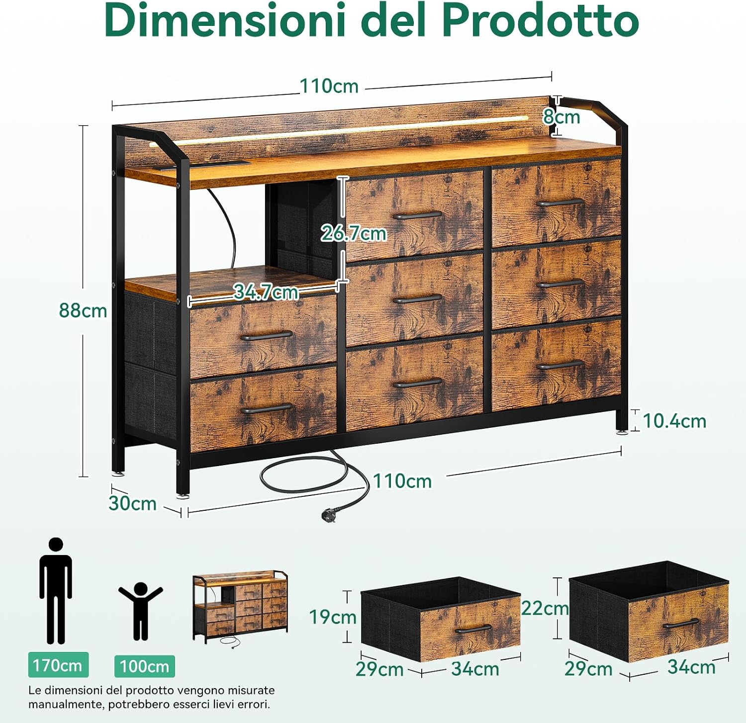 Detalle de ODK Cassettiera Camera da Letto con Striscia LED, 8 Cassetti in Tessuto e USB/CA – Vintage