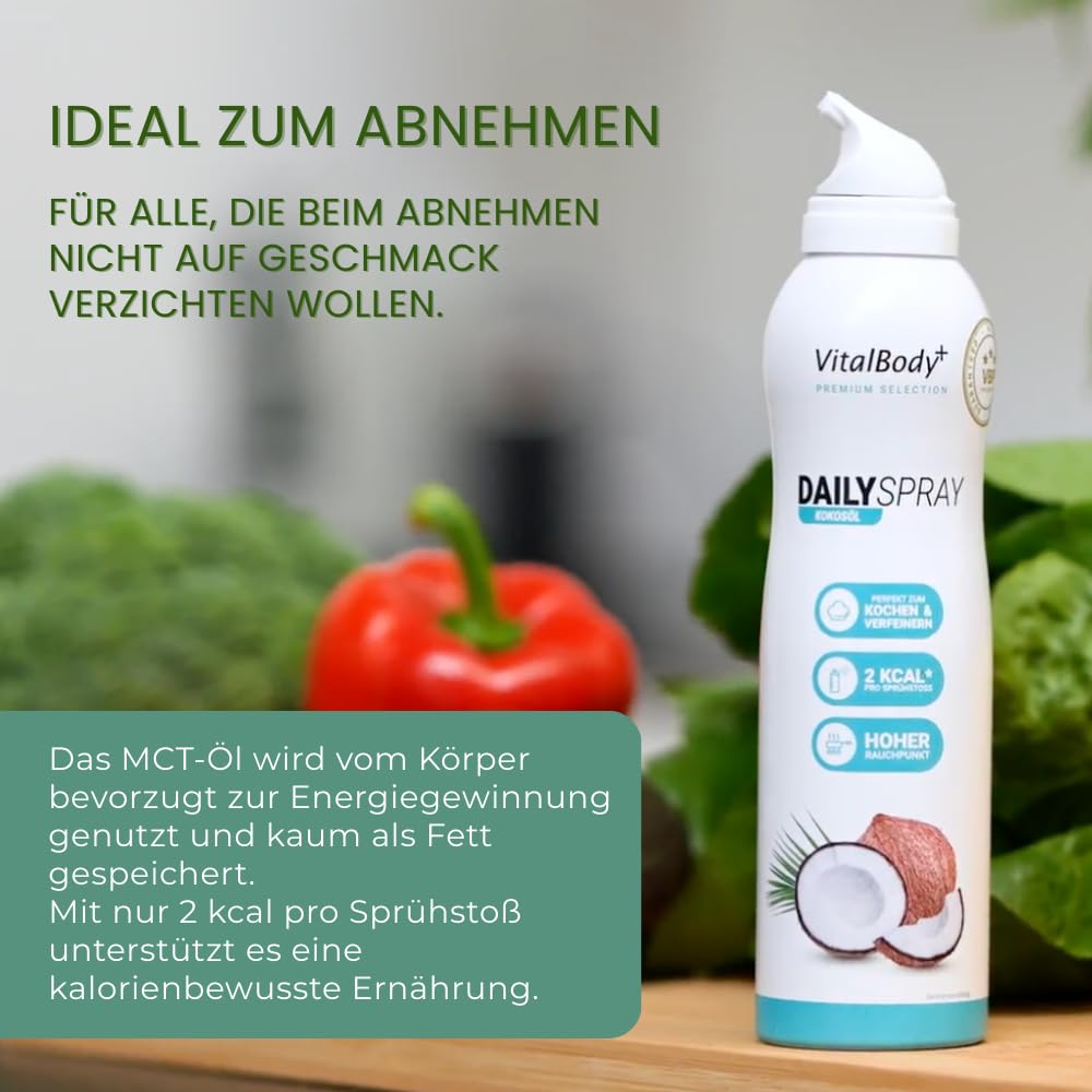 Detalle de VitalBody+ DailySpray MCT Kokosöl – Kalorienarmes Ölspray (4er Pack, 3200 Portionen) für Airfryer, Braten & Grillen
