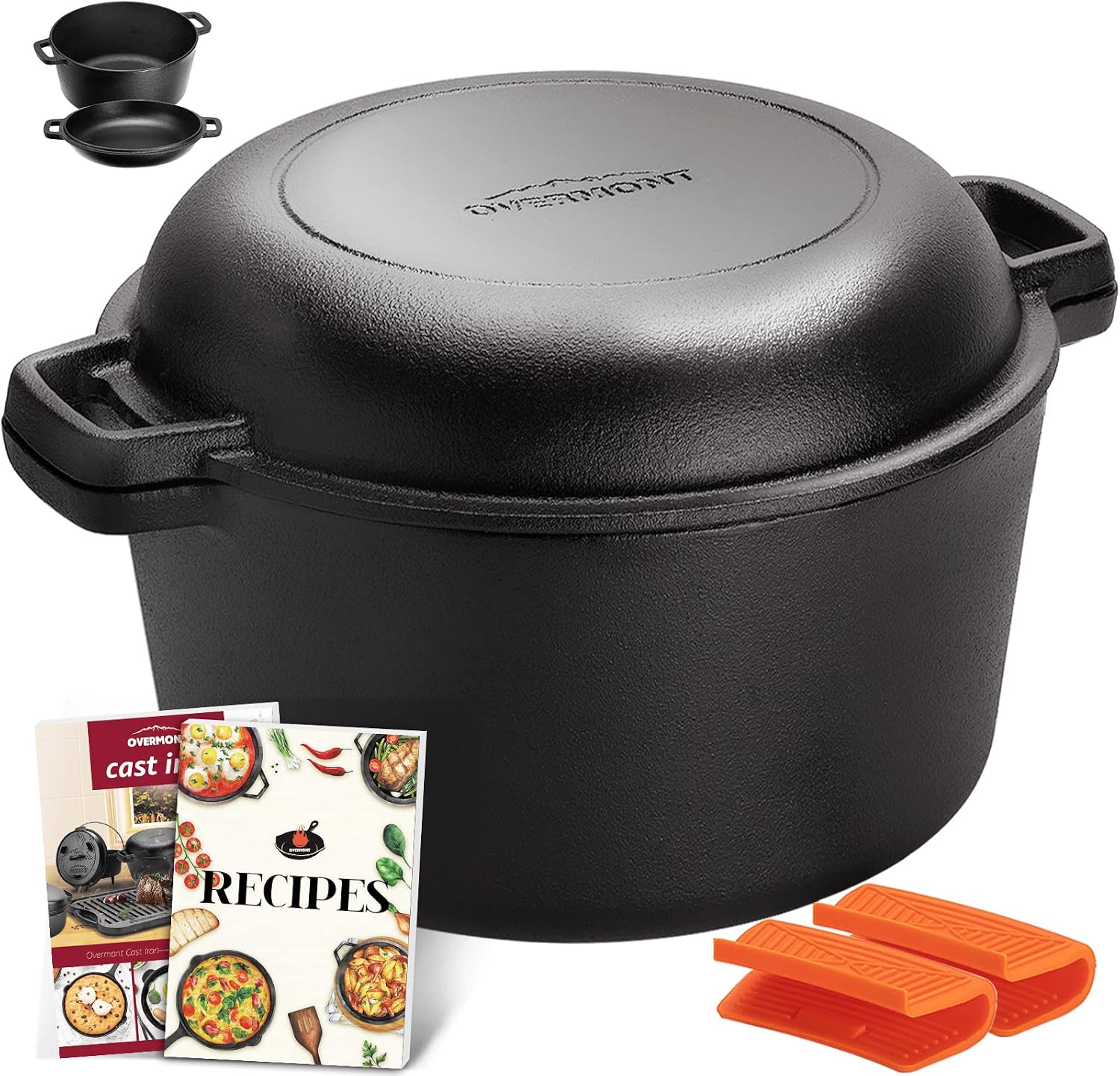 Detalle de Overmont Dutch Oven aus Gusseisen – einsatzfertig eingebrannt, Deckel als Bratpfanne (27 cm) für Küche, Camping & Grill
