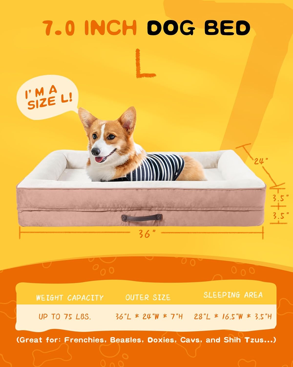 Thumbnail 3 de Renvix Large Orthopedic Dog Bed (Pink) 91x61x18cm – Waterproof, Removable Cover, Non-Slip Base