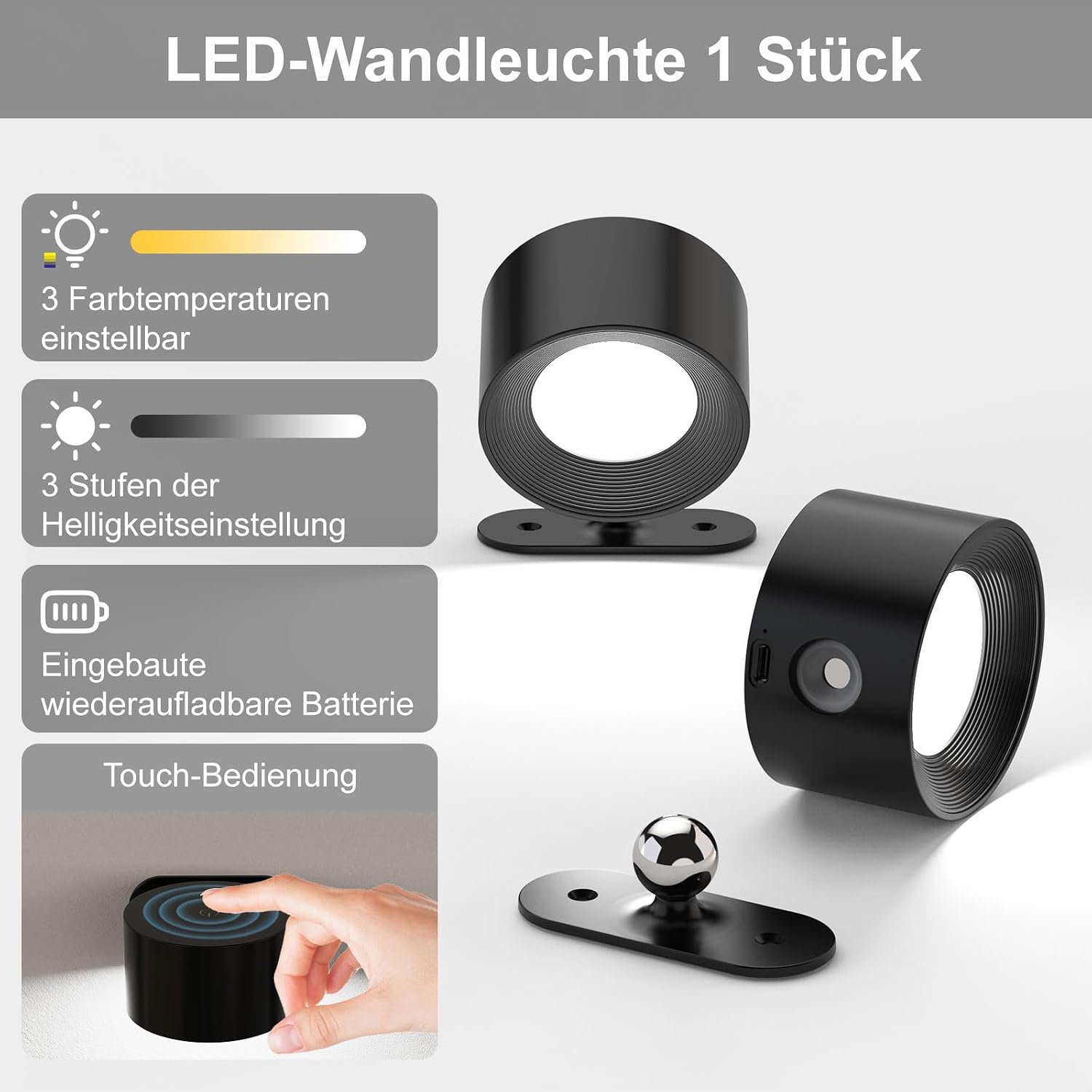 Detalle 2 de Feallive LED Wandleuchte Innen mit Akku – kabellose Wandlampe mit Touch Control, 360° Drehung, 3 Helligkeitsstufen & 3 Farbmodi
