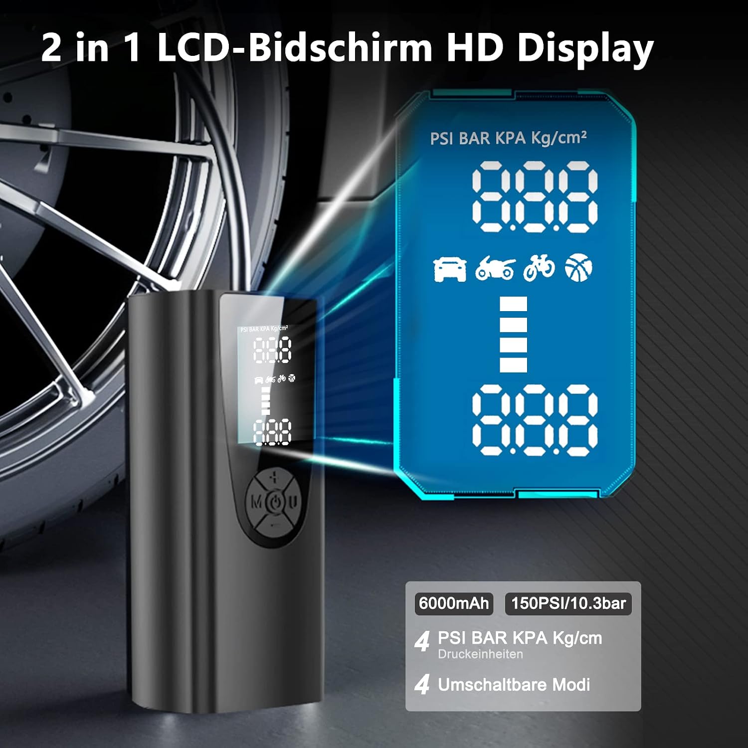 Thumbnail 6 de Tragbare elektrische Fahrradpumpe mit Akku 6000 mAh – 150 PSI, kabellos, LCD-Druckanzeige, LED-Beleuchtung und Mehrfach-Adaptern