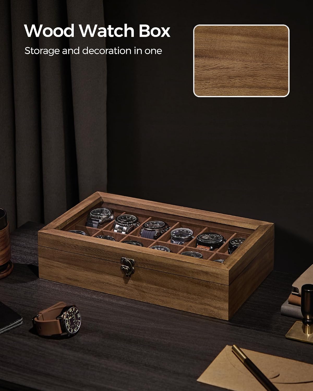 Thumbnail 5 de SONGMICS Anicia Collection JOW120K01 12-Slot Paulownia Watch Box with Glass Lid