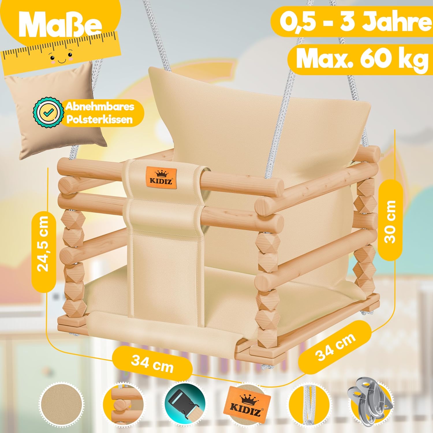 Detalle de KIDIZ Babyschaukel für Babys ab 6 Monaten bis 3+ Jahre – höhenverstellbar, Holzschaukel mit Polsterung, Beige