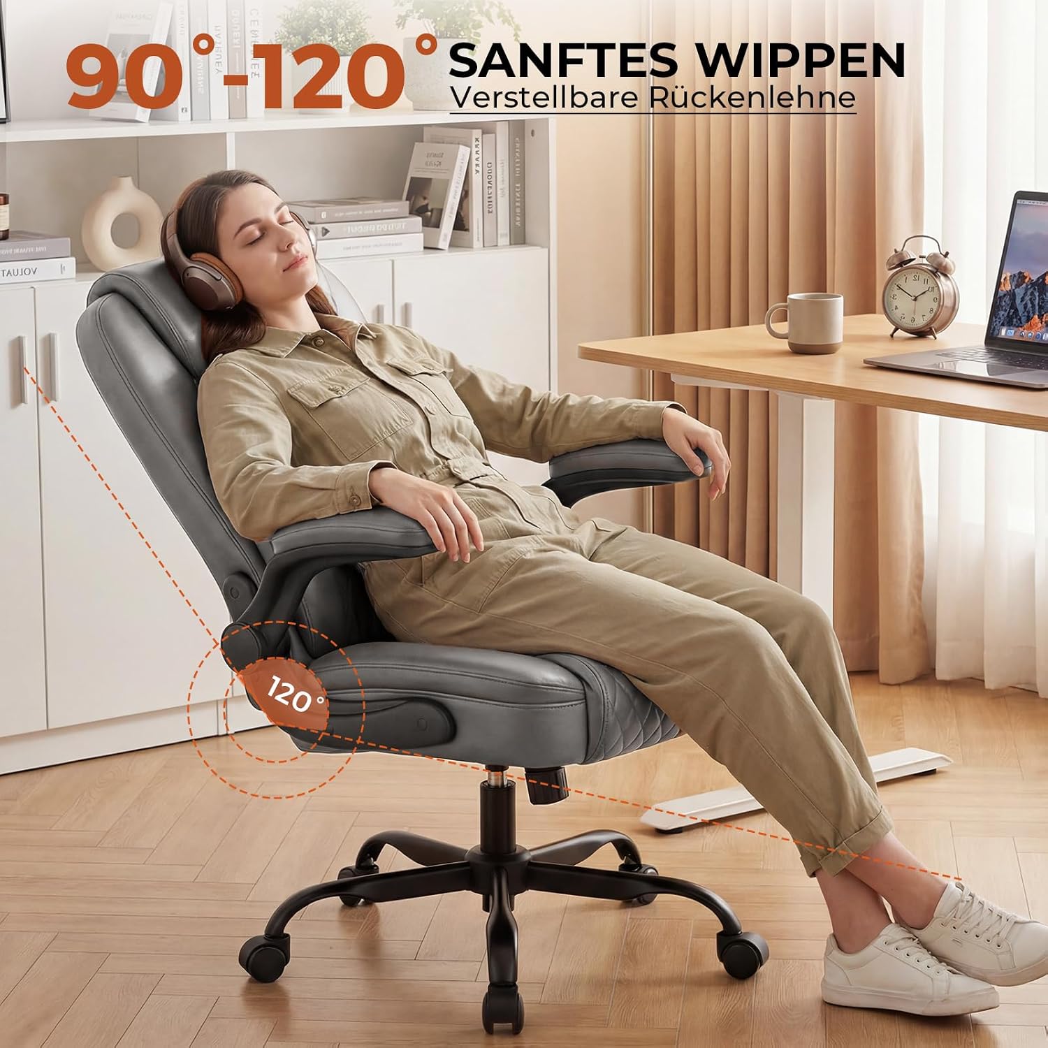Detalle de GTPLAYER Ergonomischer Bürostuhl – Chefsessel mit hoher Rückenlehne, 180 kg Belastbarkeit, PU-Leder, höhenverstellbar und 90° klappbare Armlehnen