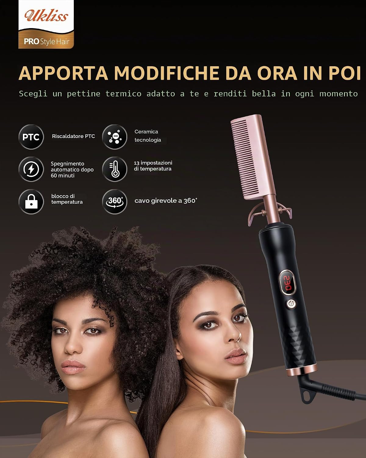 Thumbnail 6 de UKLISS Spazzola per capelli: spazzola elettrica lisciante 120–230°C per capelli afro, doppia tensione, viaggio