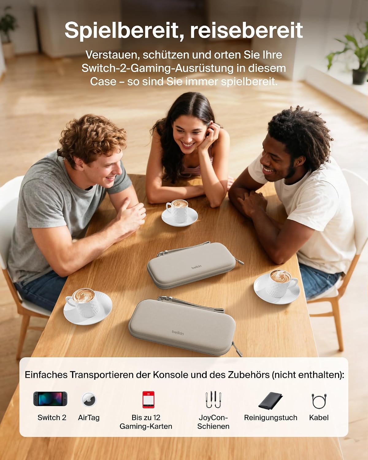 Thumbnail 2 de Belkin Gaming Tasche für Nintendo Switch 2 – Leichtes Hartschalen-Case mit AirTag-Fach, 12 Fächer für Game-Karten, Sandfarben
