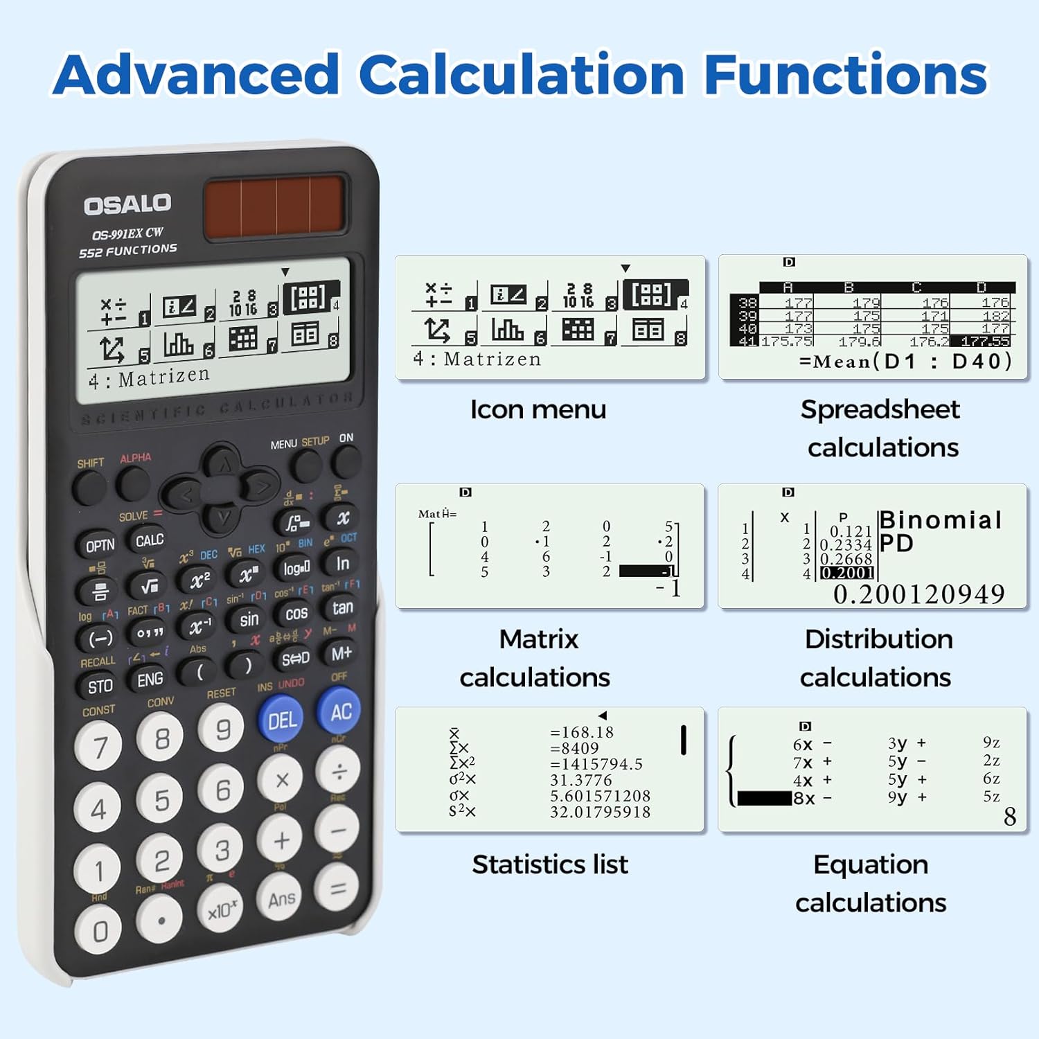 Thumbnail 4 de OSALO OS-991EX CW scientific calculator with 552 functions, 4-line written display (solar + battery)