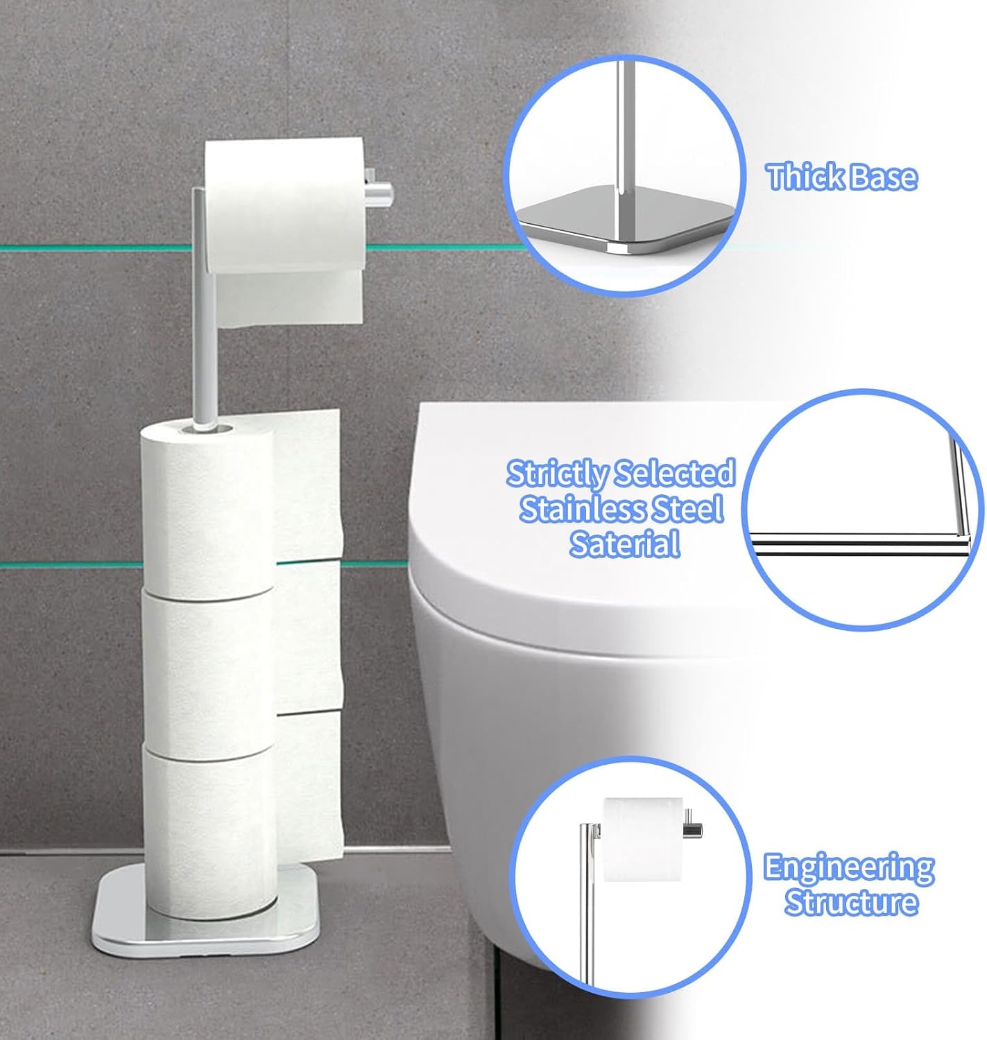 Thumbnail 4 de Toilet Roll Holder Free Standing Stainless Steel Chrome Stand for 6 Rolls (Silver)