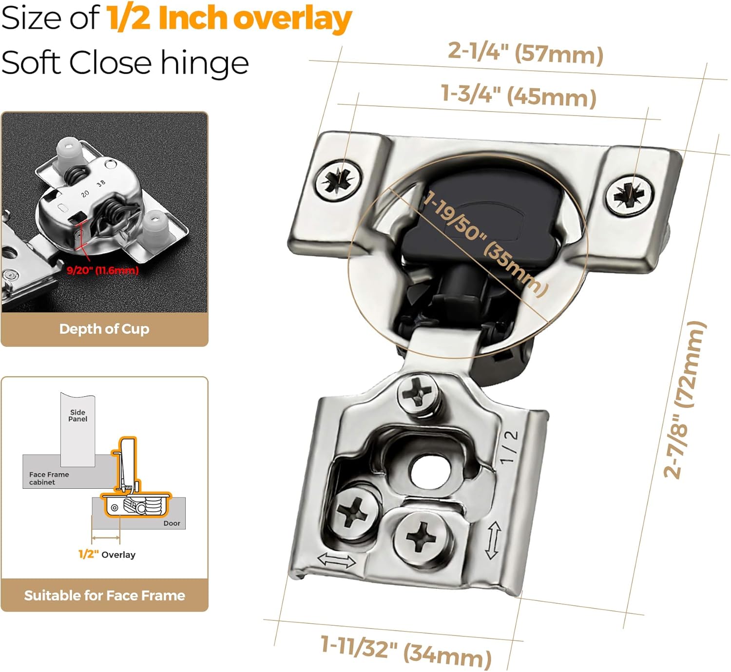 Detalle de Ravinte 60 Pack 1/2 Inch Overlay Soft Close Concealed Cabinet Hinges – Satin Nickel, Heavy-Duty
