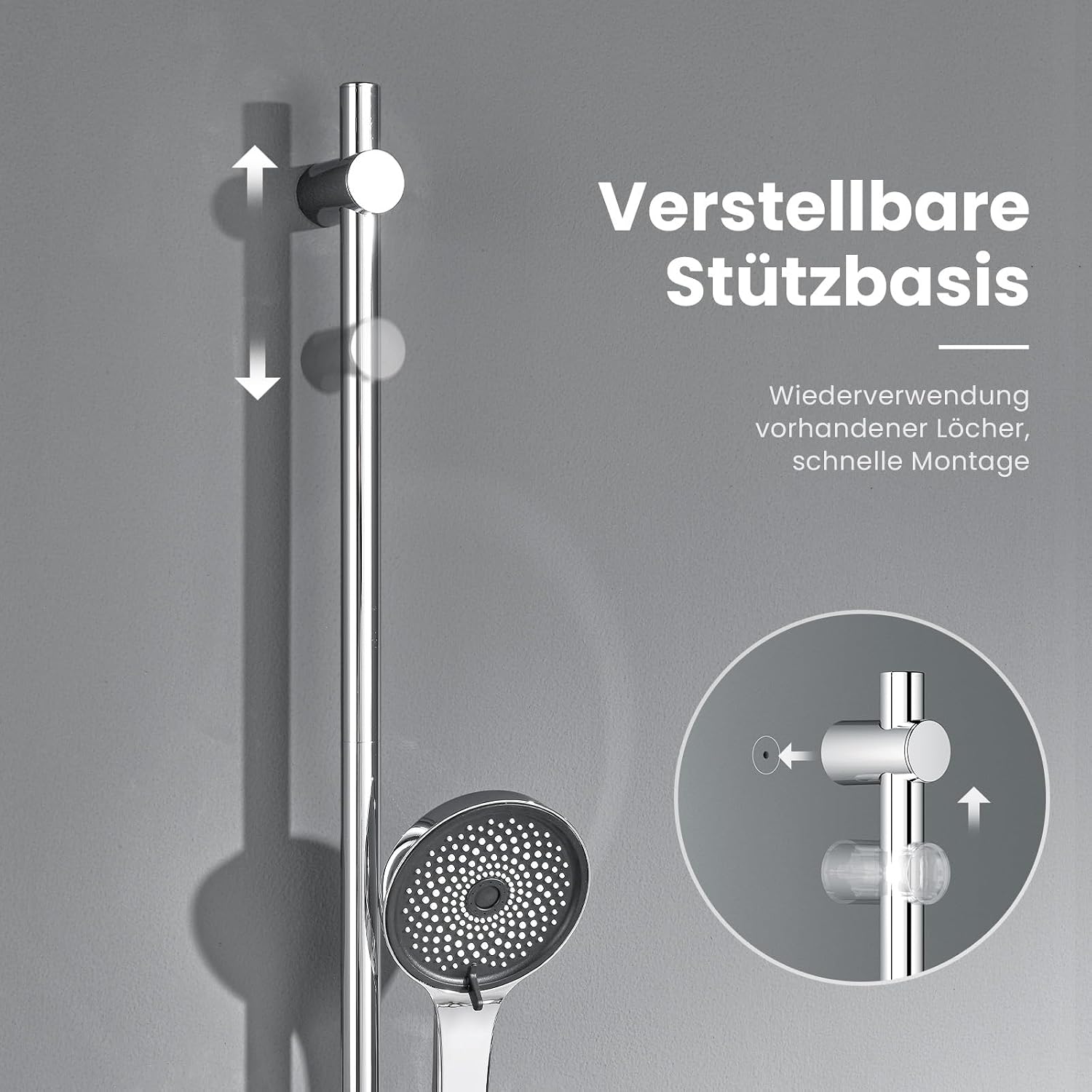 Detalle de Duschstange Komplettset (70 cm) mit 5-fach Handbrause, Edelstahl-Schlauch & Ablage – ohne Duscharmatur, ohne Bohren