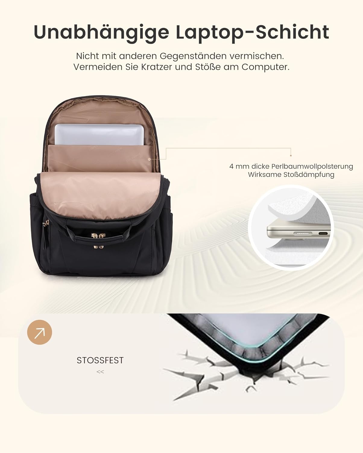 Detalle de LOVEVOOK Damen-Rucksack wasserdicht für 15,6 Zoll Laptop (22 l) mit Flaschen-Seitentasche