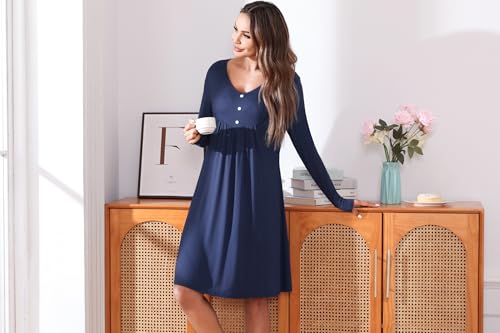 Thumbnail 6 de Crewhpo Chemise de Nuit Femme à Manches Longues en Coton – Col V, Confort Doux pour l’Hiver