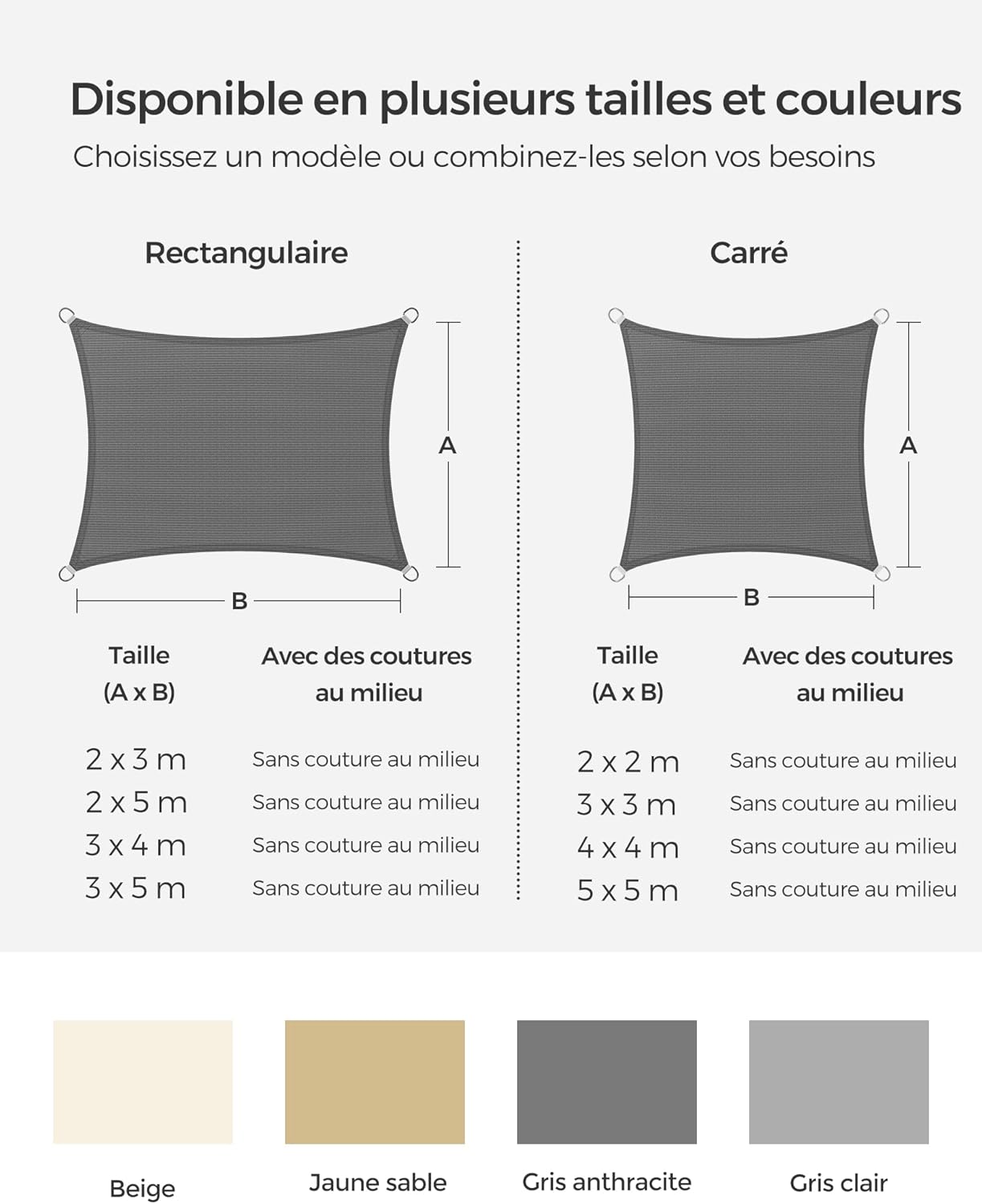 Thumbnail 5 de SONGMICS voile d’ombrage 5 x 5 m en HDPE respirant GSS55GY (gris anthracite)