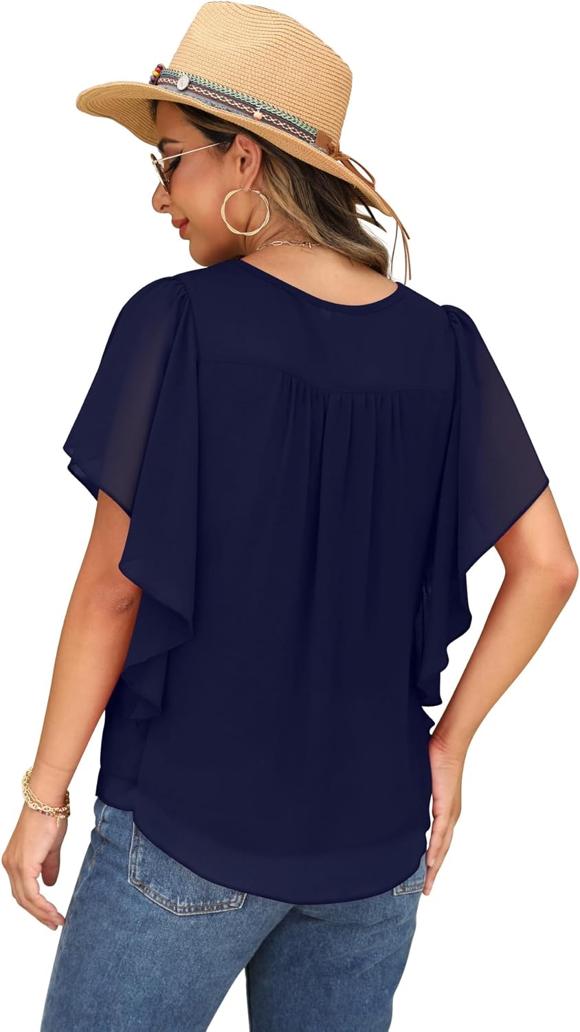 Detalle de QIXING Chiffon Kurzarmbluse Damen mit Batwing-Ärmeln – Sommertunika mit Rundhalsausschnitt