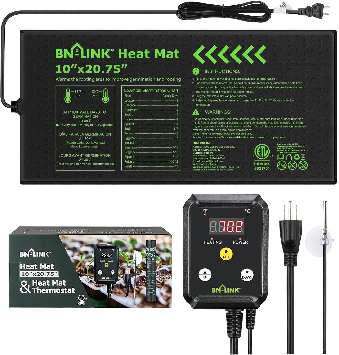 BN-LINK 10" x 20.75" Seedling Heat Mat with Thermostat and Temperature Control