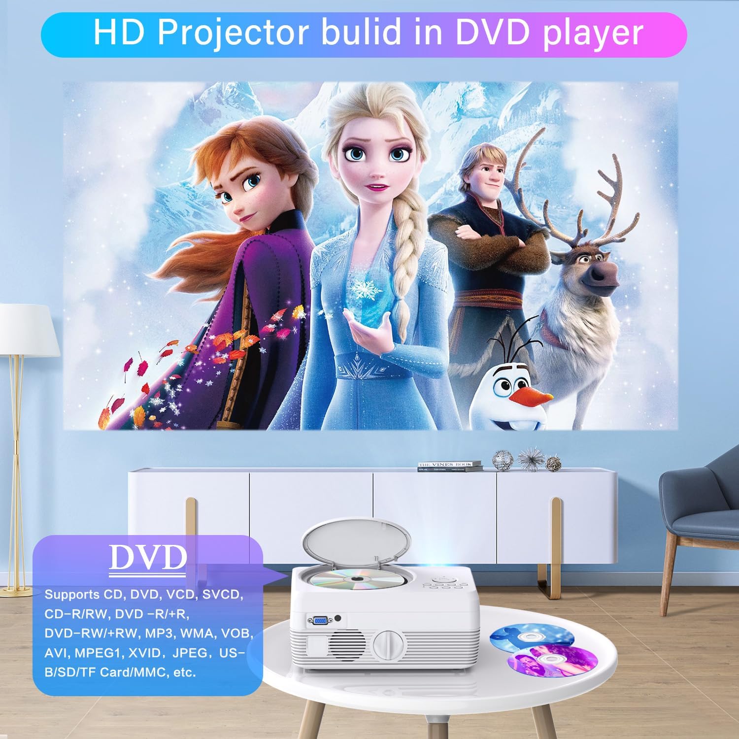 Detalle 2 de Dxyiitoo Full HD WiFi Bluetooth Projector with Built-in DVD Player