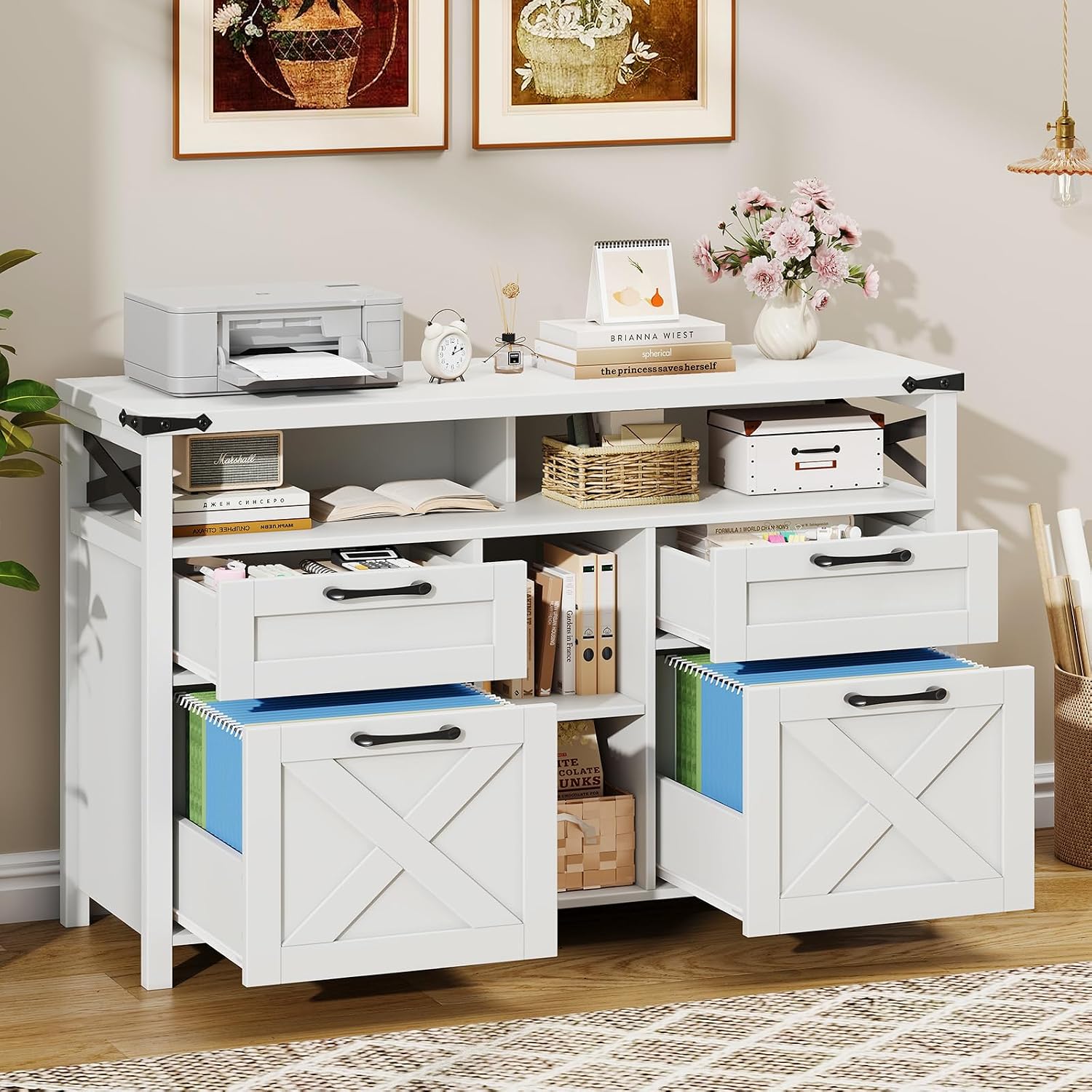 Detalle 1 de Halitaa File Cabinet with Open Storage Shelf, 4 Drawers, Cream White