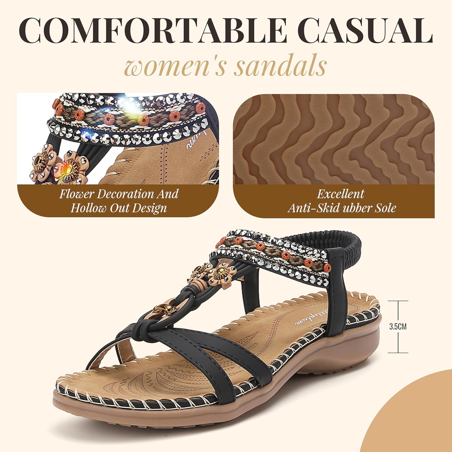 Thumbnail 5 de Littleplum Sandalen Damen Freizeit Flach Sandalette mit Strass Perlen – Boho-Charme trifft Tragekomfort